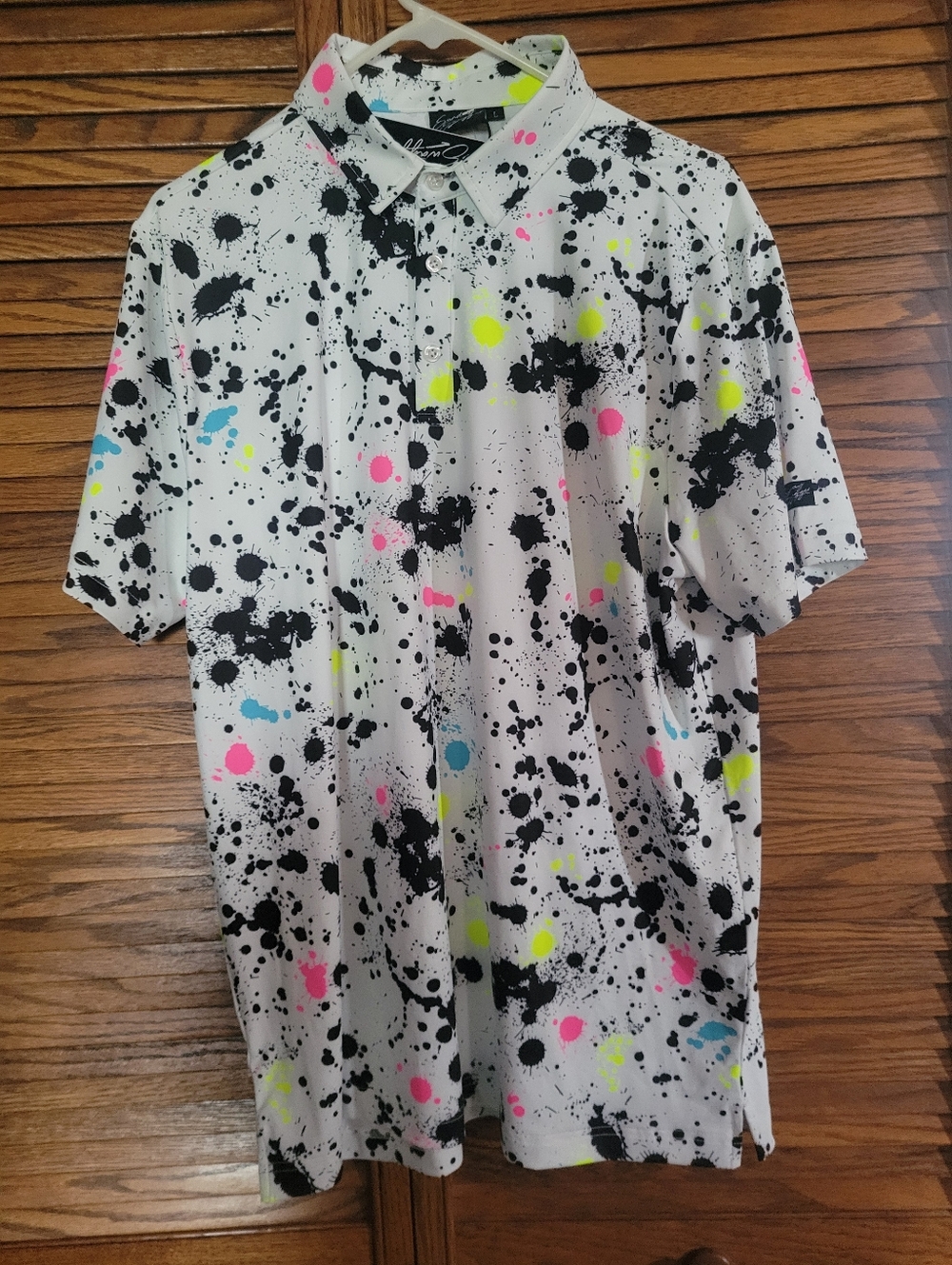 Men's White Paint-Splatter Polo with Neon Accents